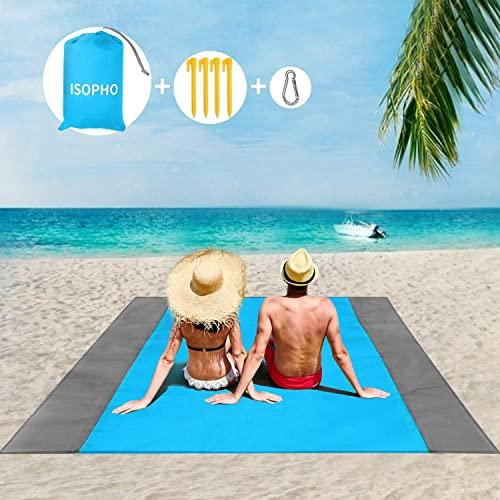 ISOPHO Beach Blanket, 79''×83'' Picnic Blankets Waterproof Sandproof for 4-7 Adults, Oversized Lightweight Beach Mat, Portable Picnic Mat, Sand Proof Mat for Travel, Camping, Hiking, Packable w/Bag