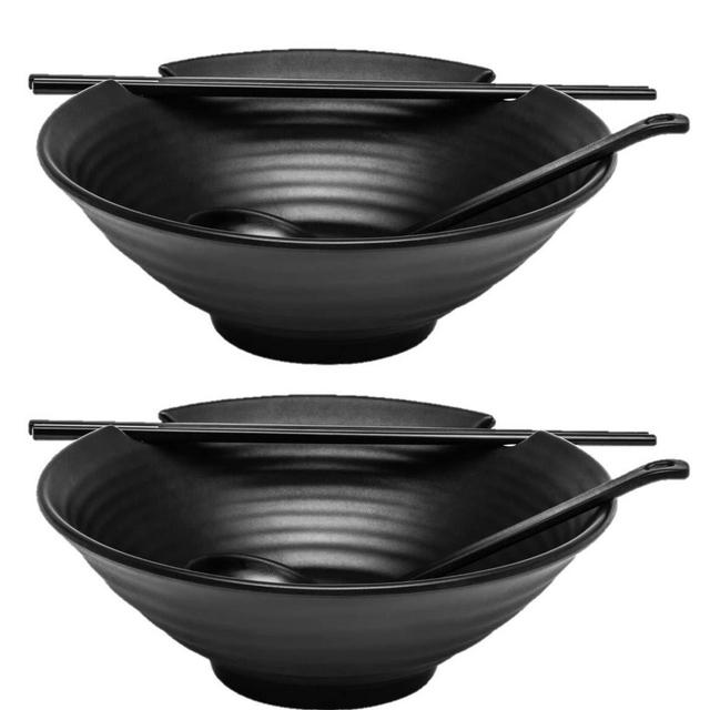 2 x Ramen Bowl Set (Black Melamine), 6pcs Japanese Style Soup Bowls Set with Chopsticks, Ladle Spoons Set and Large 37 oz Bowl for Ramen, Pho, Noodles, Asian dishes