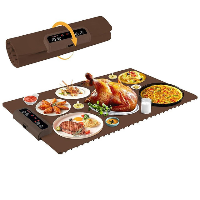 Warming Mat for Food-Electric Warming Tray with Time Moders Locking Function Adjustable Temperature Control Foldable Silicone Heating Tray for Parties, Restaurants, Buffet Brown
