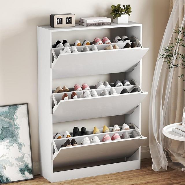 BORNOON Shoe Cabinet with 3 Flip Drawers, Hidden Wood Shoe Cabinet,Freestanding Shoe Storage Cabinet for Entryway Hallway.White. 47.2" H*31.5" W*9.25" D.