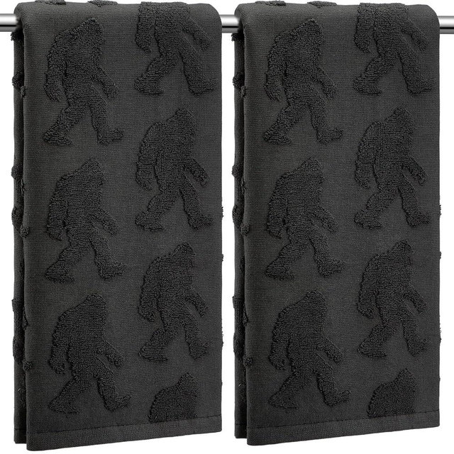 SmoothNovelty 2 Pcs Bigfoot Sasquatch Hand Towels for Bathroom, Carbon Gray 100% Cotton Absorbent Jacquard Weave Decorative Towels for Bathroom Kitchen Decor Gift, 13.7 x 29.5 Inch