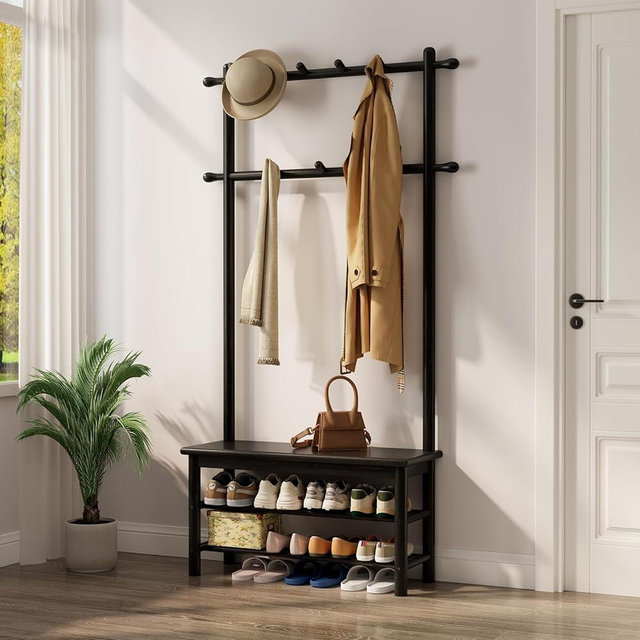 AQIMUELE Coat Rack with Shoe Storage, Wooden Hall Tree with Bench, 11 Hooks and 2-Tier Storage Shelves, 3-in-1, Entryway Bench with Coat Rack (31.5"-Deep Black)