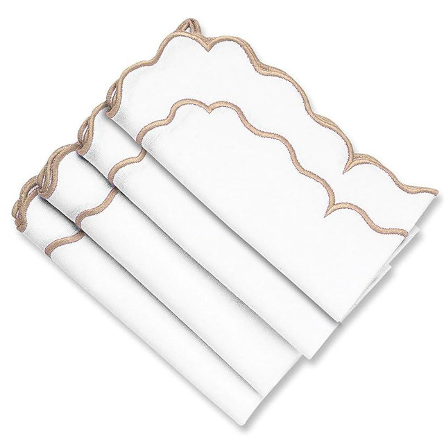 Scalloped Napkins, 100% Pure Cotton, White and Gold Cotton Napkins White Napkins with Gold Trim, Party Napkins, Set of 4, Beige Linen Napkins, Embroidered Napkins Cloth, Wedding Napkins 18x18