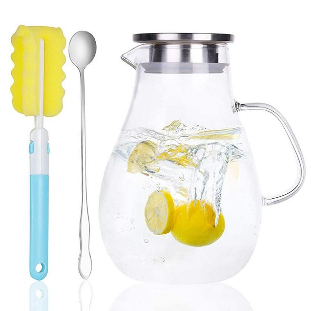 Glass Pitcher, Glass Water Pitcher with Tight Stainless Steel Lid, 68 Ounces, Heat Resistant Borosilicate Glass Carafe, Long Handle Cleaning Brush and Mixing Spoon, Temperature Safe