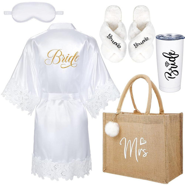 Handepo 5 Pcs Bridal Wedding Gifts Bridal Bridesmaids Robe Sets with Sleeping Eye Mask Slippers Party Tumbler Tote Gifts