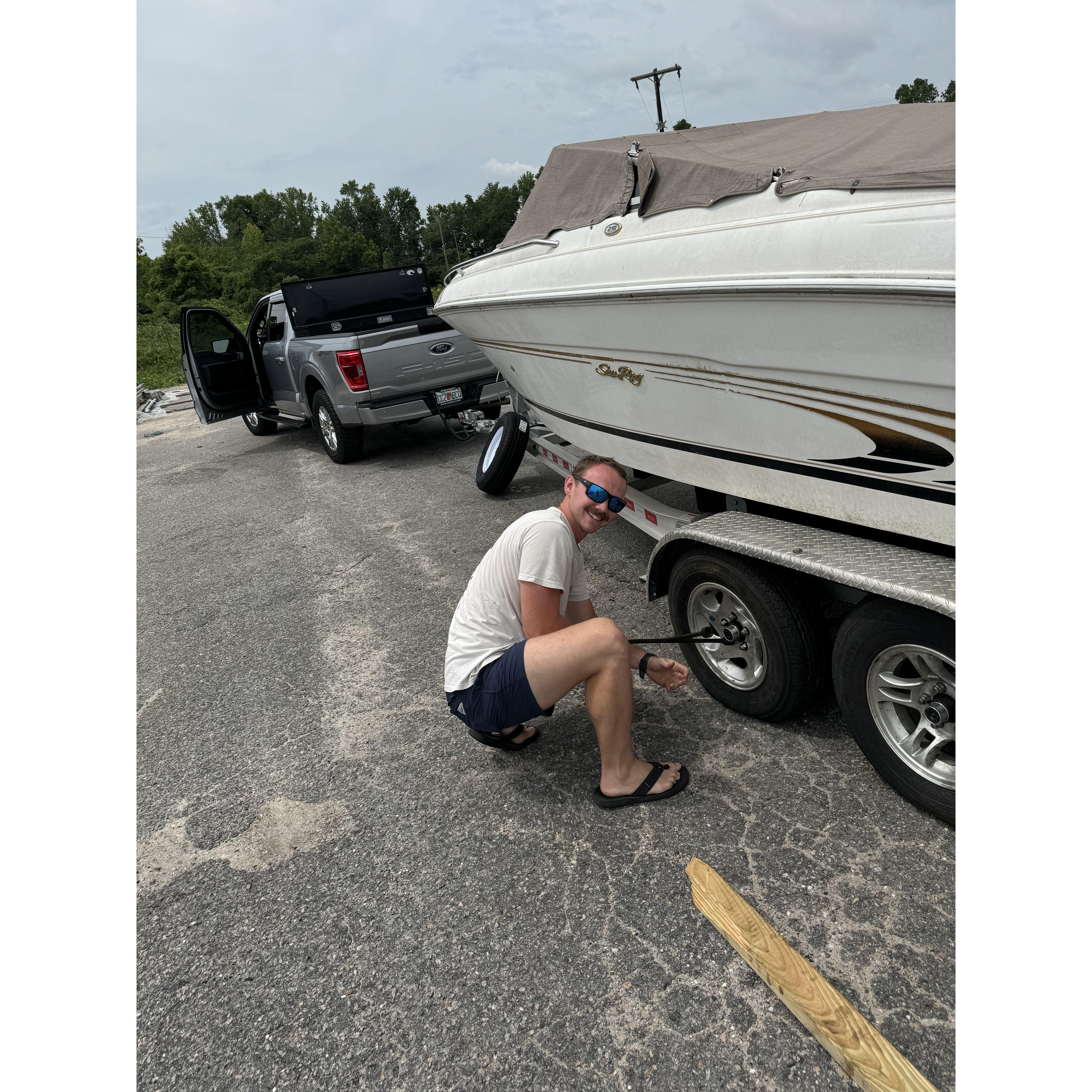 We bought a boat and popped all four tires on an 8 hour drive home. 16 hours later and we were still dating!