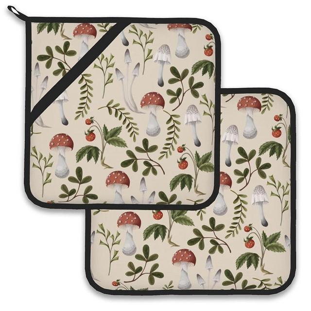 Vintage Mushroom Strawberry Pot Holder Set of 2,Heat Resistant Potholders Oven Hot Pads for Kitchen Cooking Baking BBQ