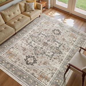 8x10 Vintage Area Rug: Washable Neutral Soft Non Slip Thin Large Floor Carpet for Living Room Bedroom Kitchen Dining Room Home Office Farmhouse Indoor - Taupe