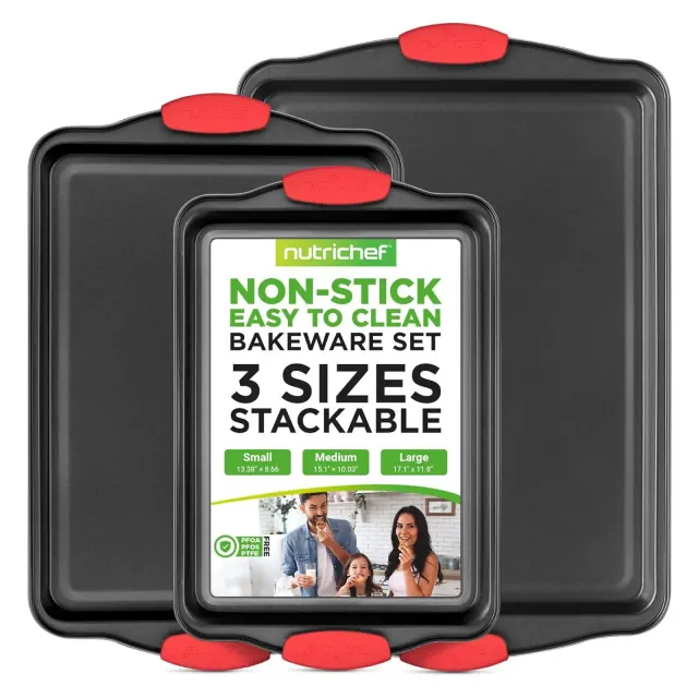 Nonstick Bakeware Set for Baking with Red Silicone Handles, Carbon Steel Construction, 3-Piece Set