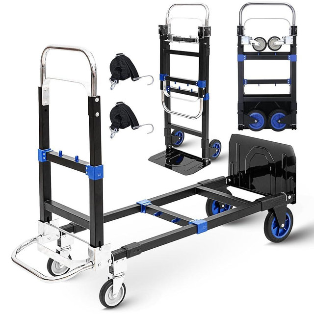 Upgraded 3 in 1 Folding Hand Truck, 600lbs Capacity, Heavy Duty Convertible Dolly with Retractable Handle and 4 Rubber Wheels, Collapsible Cart for Moving Home, Office, Warehouse (Blue)