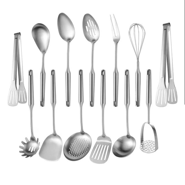 Stainless Steel Kitchen Utensils 13 PCS Metal Set, Solid and Slotted Spoon, Fork, Spatula, Ladle, Skimmer, Slotted Spatula Tunner, Spaghetti Large Spoon, Meat Fork, Masher, Whisk, Tongs