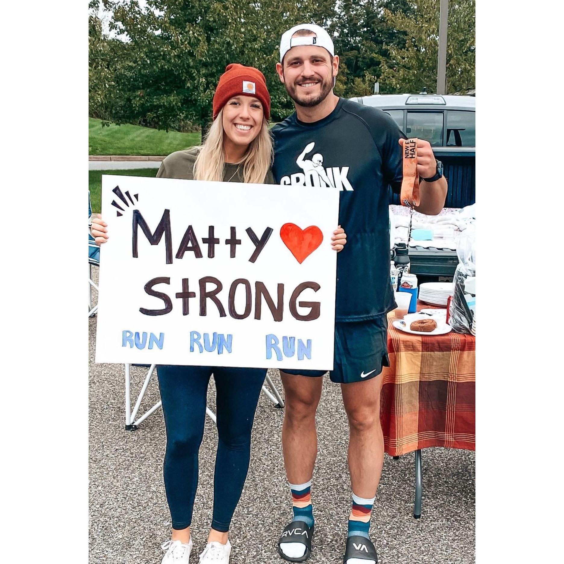 Katie cheered Matt through his races leading up to his first Marathon after cancer!