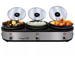 MegaChef Triple 2.5 Quart Slow Cooker and Buffet Server with 3 Ceramic Cooking Pots and Removable Lid Rests