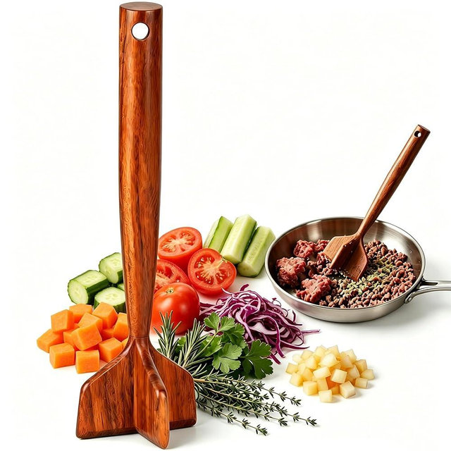 Teak Wooden Meat Masher Chopper, Wooden Ground Beef Masher, Hamburger Meat Chopper, Chicken Shredder Tool, 10.5 Inch Premium Teak Wood Kitchen Utensils, for Mix and Chop Wood Potato, Chili, Turkey