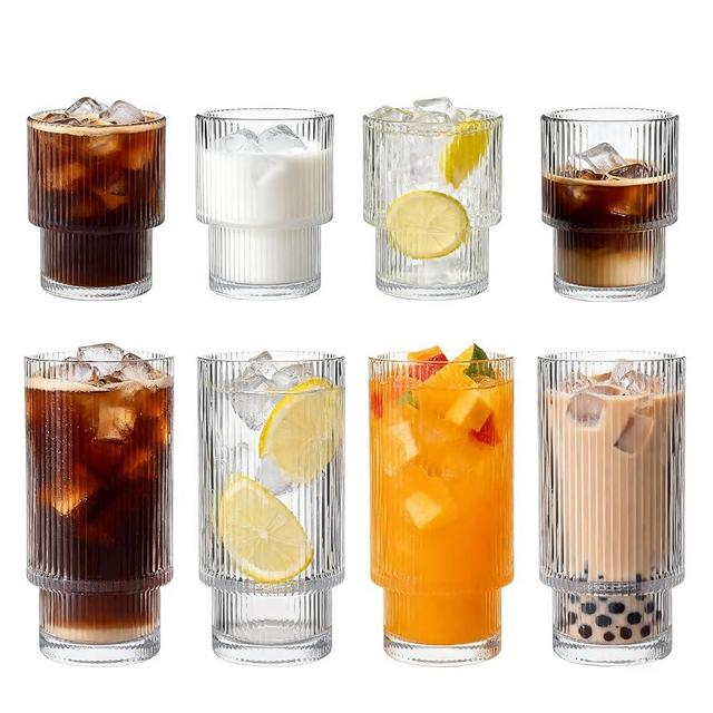 Salpae Ribbed Drinking Glasses Set of 8, Stackable Cute Kitchen Glasses Cups 16oz and 7oz Iced Coffee Glasses cocktail Glass cup for Water, Beverage, Whiskey