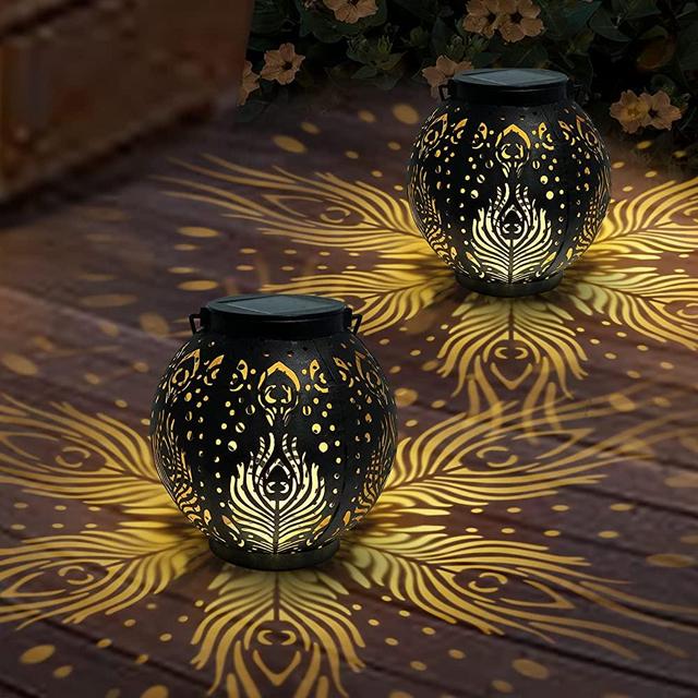 LOGUIDE Hanging Solar Lantern Outdoor,2 Pack Metal LED Garden Lanterns,Peacock Feather Pattern Decorative Latern Lights Waterproof for Patio Yard Table Deck Decorations
