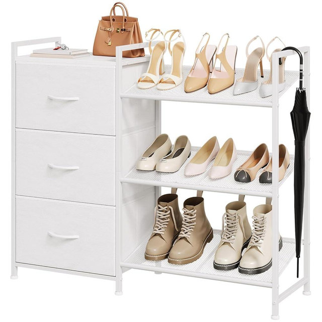 Somdot Shoe Rack, 3 Tier Shoe Organizer with 3 Drawers, Metal Shoe Storage Shelf for 6-9 Pairs of Shoes with Fabric Shelves and Wooden Top, Narrow Shoe Rack for Entryway, White Leather