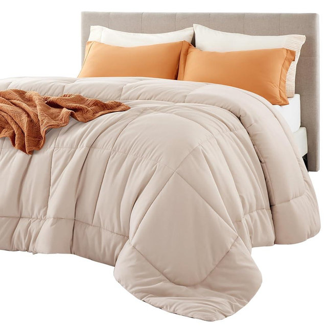 Bedsure Comforter Duvet Insert - Quilted Comforters Queen Plus Size, All Season Duvet, Down Alternative Bedding, with 8 Tabs, Gifts for Women/Men,Beige,Queen Plus 90 x 90 Inches