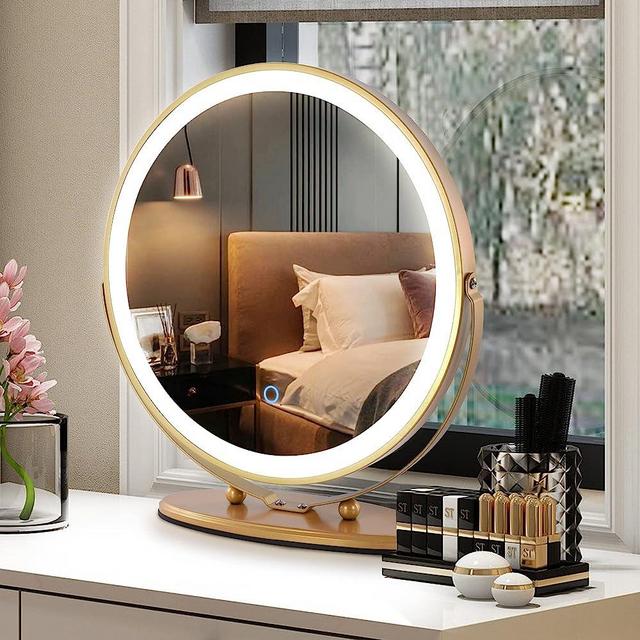 LVSOMT 20" Vanity Makeup Mirror with Lights, 3 Color Lighting Dimmable LED Mirror, Touch Control, 360°Rotation, High-Definition Large Round Lighted Up Mirror for Bedroom Table Desk
