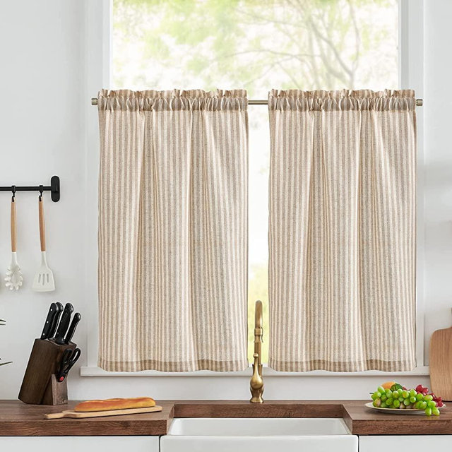 JINCHAN Kitchen Curtains Striped Tier Curatins Ticking Stripe Linen Curtains Pinstripe Cafe Curtains 45 Inch Candy Stripe Curtains for Bathroom Laundry Farmhouse Rod Pocket 2 Panels Taupe on Beige
