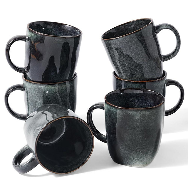 famiware Coffee Mugs Set of 6, Ocean Square 13oz Coffee Cup Set with Handle for Cocoa, Milk, Hot Chocolate, Tea, Water, Stoneware Cups for Kitchen, Microwave and Dishwasher Safe, Deep Forest