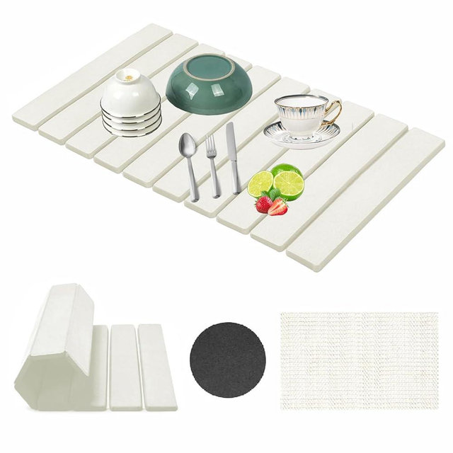 Stone Drying Mat for Kitchen Counter, Collapsible Dish Drying Mat, Fast Drying Diatomaceous Earth Dish Drying Mats, Water Absorbent Diatomite Kitchen Mat (white, medium)