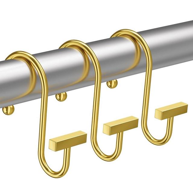 Muted Gold Shower Curtain Hooks, Bathway Shower Curtain Rings Rust Proof, 12PCS Shower Hooks for Shower Curtain, T-Bar Design Convenient Elegant Shower Curtain Hangers for Bathroom Kitchen Wardrobe