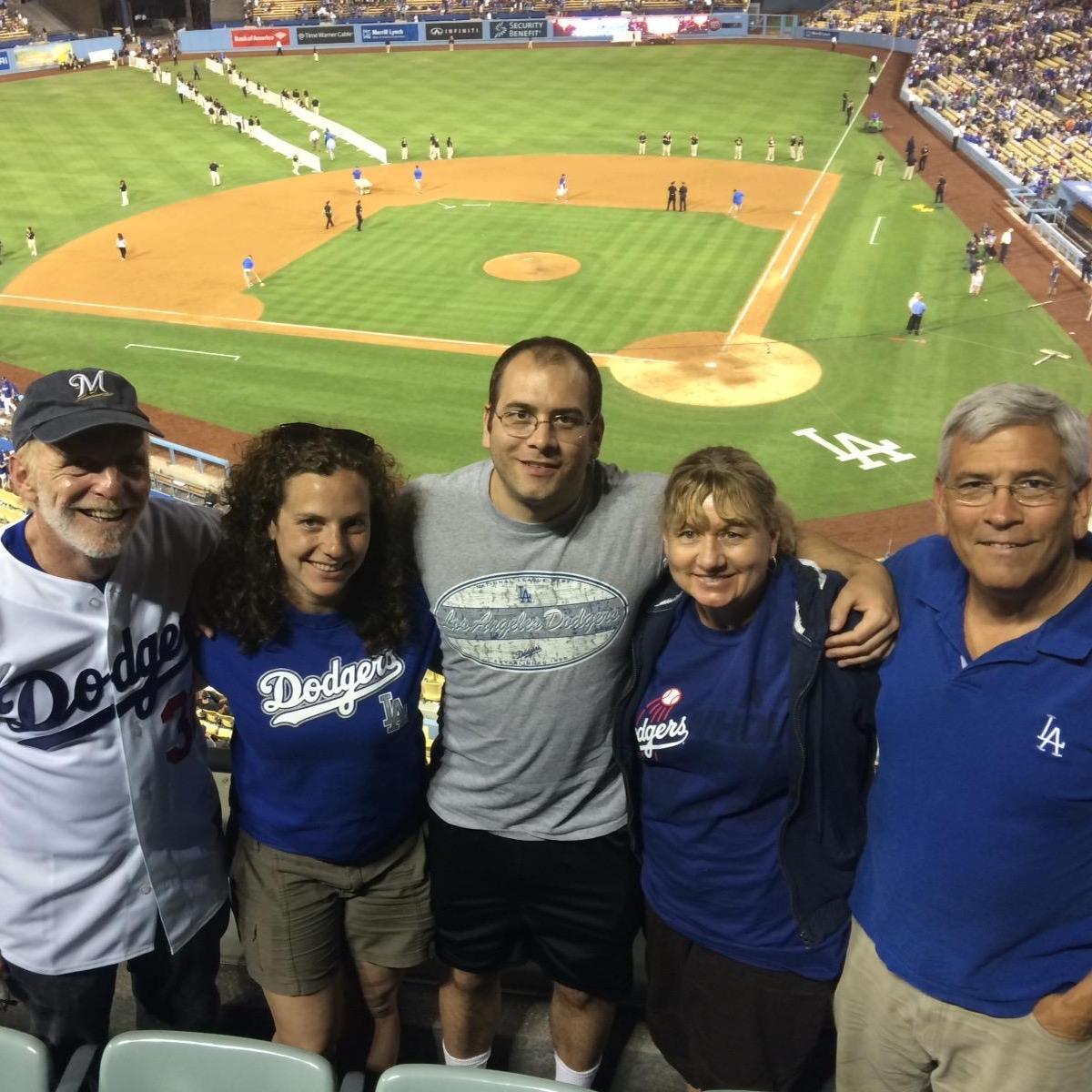 With Julia's dad and Jeff's parents at Dodger Stadium, August 2014.