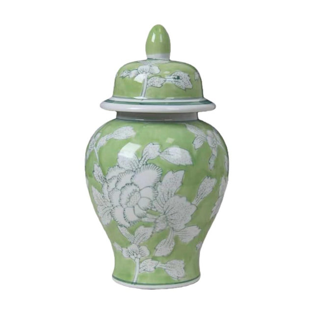 Siqiyangly 7.85 Inch Small Ceramic Ginger Jar, Green Hand-Painted Decorative Flower Vase, Chinoiserie Decor Porcelain Tea Jars with Lids for Kitchen, Living Room, Office or Bookshelf