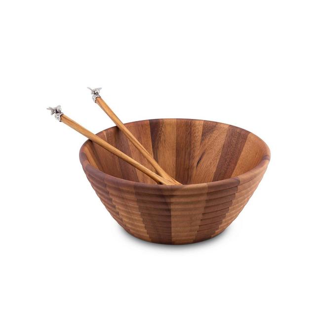 Vagabond House Bee Hive Shaped Wood Salad Bowl and Salad Server Set with Pewter Bee Accent