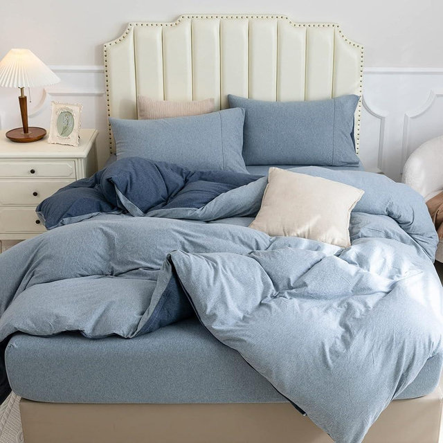 PURE ERA Jersey Knit Duvet Cover Set 100% T-Shirt Cotton Super Soft Comfy 3pc Bedding Set with Zipper Closure (Solid Navy/Blueish Grey, King)