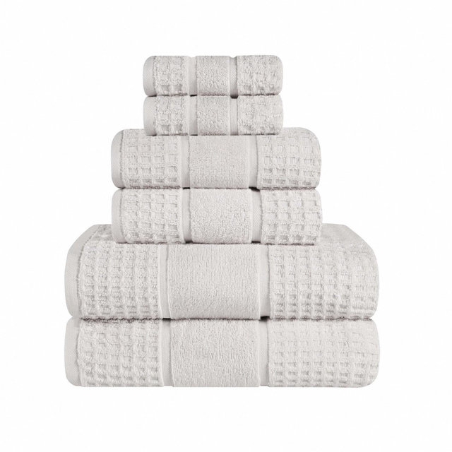 Zero Twist Cotton Waffle Honeycomb Medium Weight 6 Piece Bathroom Towel Set, Stone Grey - Blue Nile Mills