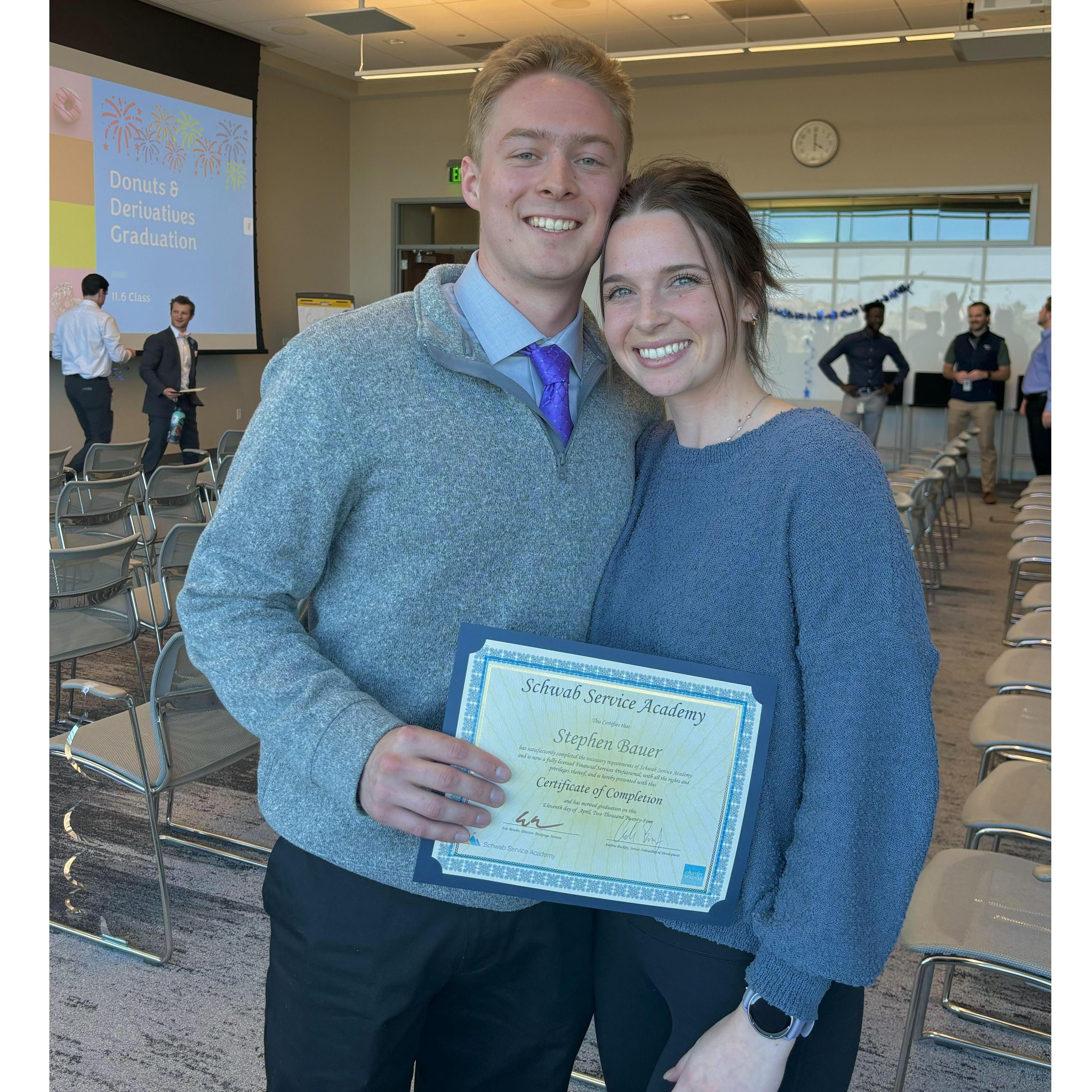 Stephen moved to Denver without a job lined up, so Caroline was able to support him when he was hired by Charles Schwab, and they studied together as he received his licenses!