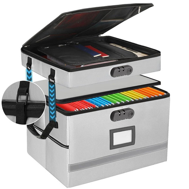 EXLIFBAG 2 Layer File Box with Lock, Portable Document Organizer Box with Handle, Fireproof File Box for Home Office, Legal File Organizer Storage