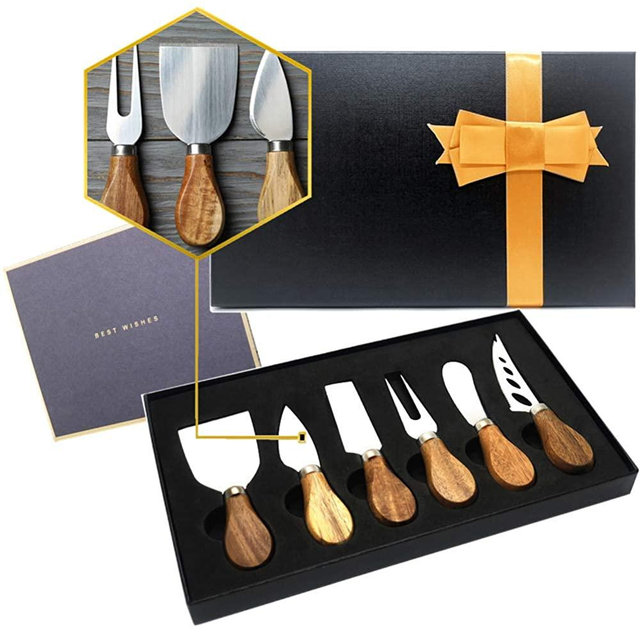Premium 6-Piece Cheese Knife Set,Complete Stainless Steel Cheese Knives Collection (Acacia Wood Handle)-Cheese Spreader Knife for Charcuterie,Gift-Ready