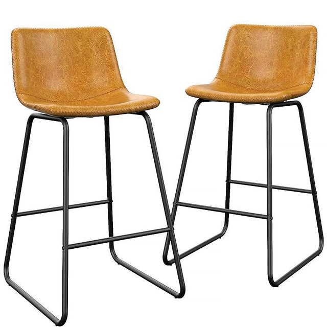 YaFiti 26 inch Bar Stools Set of 2, Modern Bar Height Barstools, Faux Leather Barstools with Back and Metal Leg, Armless Tall Bar Dining Chairs for Kitchen Island Counter, Whiskey Brown
