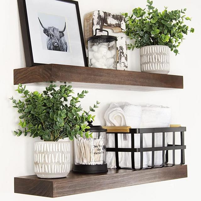 Homeforia Rustic Farmhouse Floating Shelves - Bathroom Wooden Shelves for Wall Mounted - Thick Industrial Kitchen Wood Shelf - 24 x 6.5 x 1.75 inch - Set of 2 - Dark Brown Honey Color