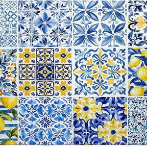 Mediterranean Tiles Dish Drying Mat, Blue White Italy Lemons Coffee Bar Mat for Countertops, Vintage Azulejo Absorbent Dish Drying Mats for Kitchen Counter Coffee Maker, 16x24 Inch