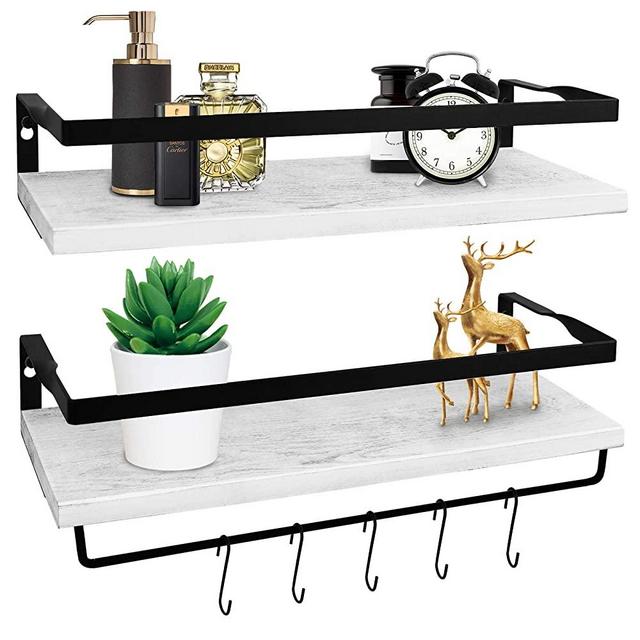 White Floating Shelves for Wall Set of 2, HIPPIH Rustic Cedar Wood Floating Shelf with Rails & Towel Holder, Decorative Storage Floating Shelves for Bathroom, Living Room, Kitchen and Bedroom