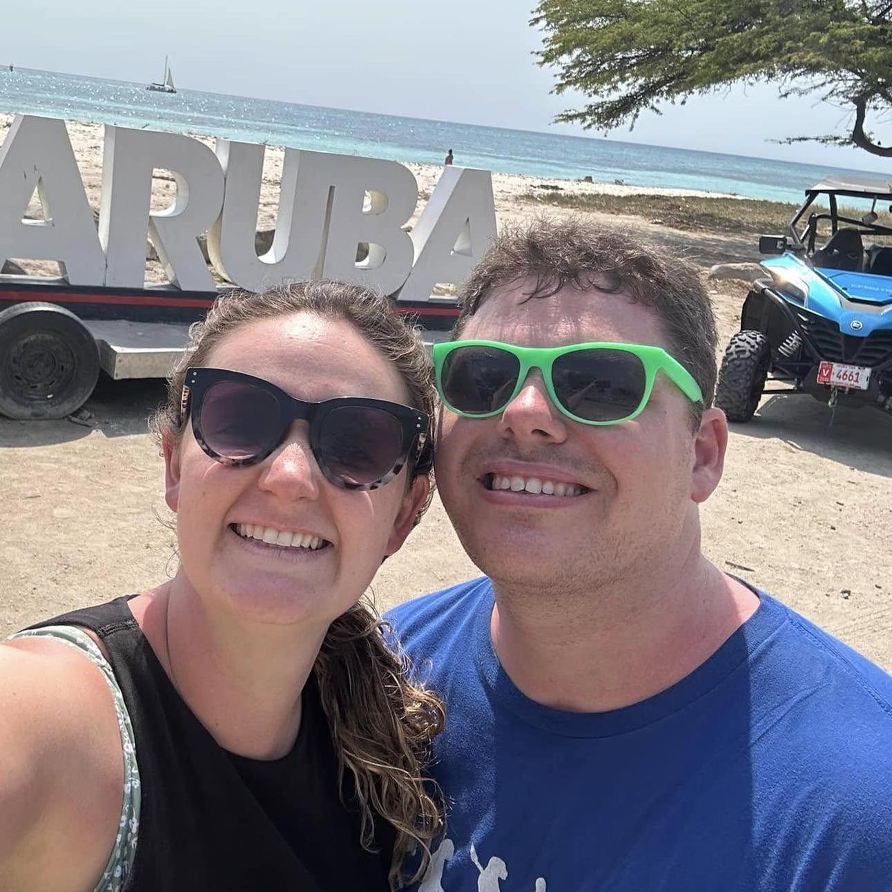 Jim proposed to Alena on March 4, 2025 on their two-year anniversary trip to Aruba!