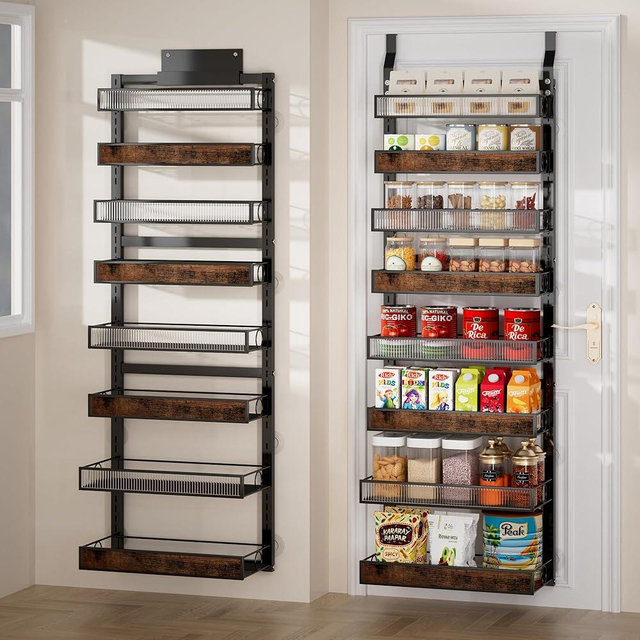 Over The Door Pantry Organizer,8 Tier Wall Mounted Spice Rack with Adjustable Wood Basket and Acylic Basket,Metal Heavy Duty Door Organizer Hanging Storage Shelf for Kitchen Pantry and Bathroom
