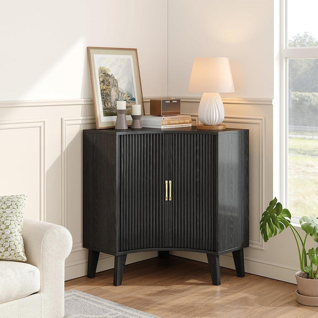 Vudanfe Fluted Corner Cabinet, Small Corner Floor Cabinet with 2-Sliding Doors and Adjustable Shelves, Freestanding Narrow Organizer for Small Space,Living Room, Dining RoomBathroom.Black