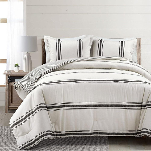 Lush Decor Farmhouse Stripe Reversible Cotton Comforter Set, 3 Piece Set, California King, Black - Cozy Farmhouse Bedding Set - Rustic Decor - Striped Comforter - Modern Farmhouse Bedroom Decor