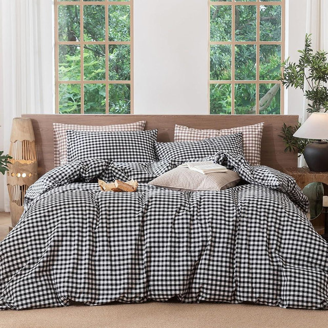 MooMee Gingham Duvet Cover Set 100% Washed Cotton Linen Like Textured Breathable Durable Soft Comfy Modern Checkered Design (Black White Gingham, King 104"x90")