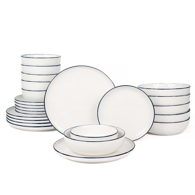 OTAGO 24-Piece Porcelain Dinnerware Set for 6 with Mugs, White Stoneware Plates and Bowls Sets, Ceramic Dish Set for Kitchen, Dinner & Dining, Blue Rim, Microwave & Dishwasher Safe