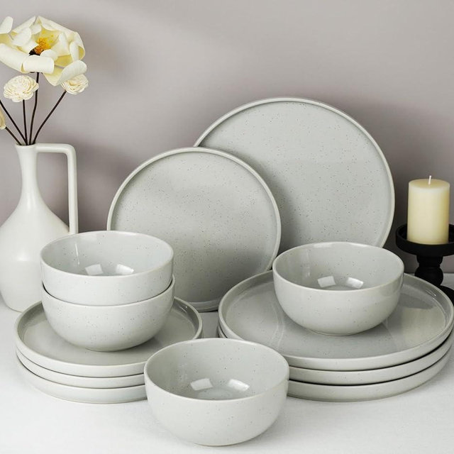 Metflavor Kitchen Plates and Bowls Set Dinner Set for 4 Handpainted Dinner ware Sets, Microwave Safe Plates and Bowls Sets Stone Plate Scratch Resistant (Moonstone)