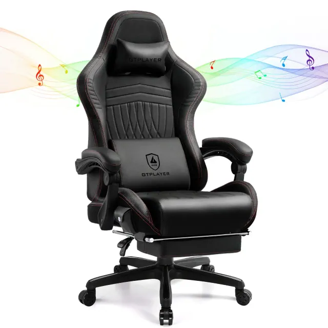 GTPLAYER Pro Gaming Chair with Footrest, Dual Bluetooth 5.1 Speakers PVC Leather Recliner, Red