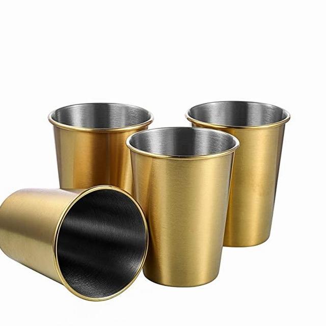 TDGOM 4 Pack 12oz Stainless Steel Cups Shatterproof Pint Drinking Cups Metal Drinking Glasses for Kids and Adults, Picnic cups (Golden, 350ml/12oz)