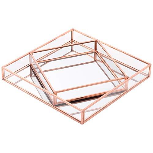 Koyal Wholesale Glass Mirror Square Trays Vanity Set of 2, Rose Gold Decorative Mirrored Trays for Coffee Table, Bar Cart, Dresser, Bathroom, Perfume, Makeup, Wedding Centerpieces