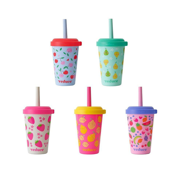 REDUCE GoGo's Kids Portable Tumbler Cups with Lids and Spill-Proof Straws - 5 Pack of Stackable 12 oz Tumblers with Twist-On Lids - Easy Storage, Dishwasher Safe - Fruity Cutie